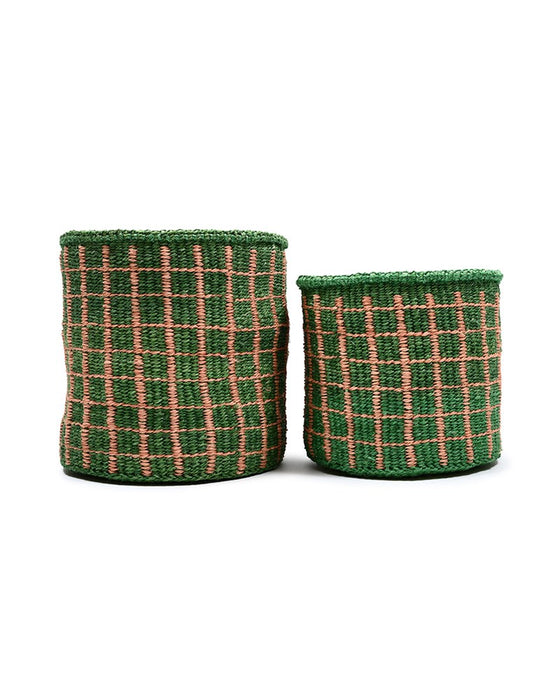 Green & Pink Check Woven Storage Basket