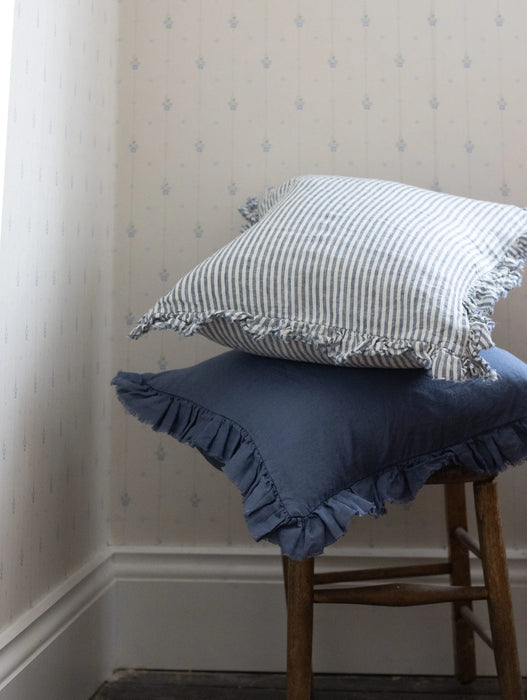 Hallie Navy Stripe Ruffle Linen Cushion - 53x53cm