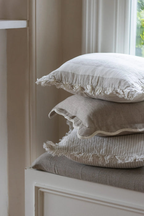 Hallie Natural Wide Stripe Ruffle Linen Cushion - 53x53cm