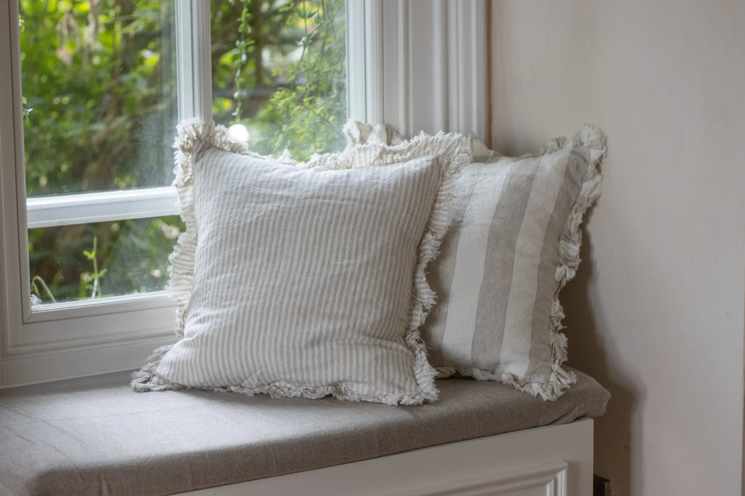 Hallie Natural Stripe Ruffle Linen Cushion - 53x53cm