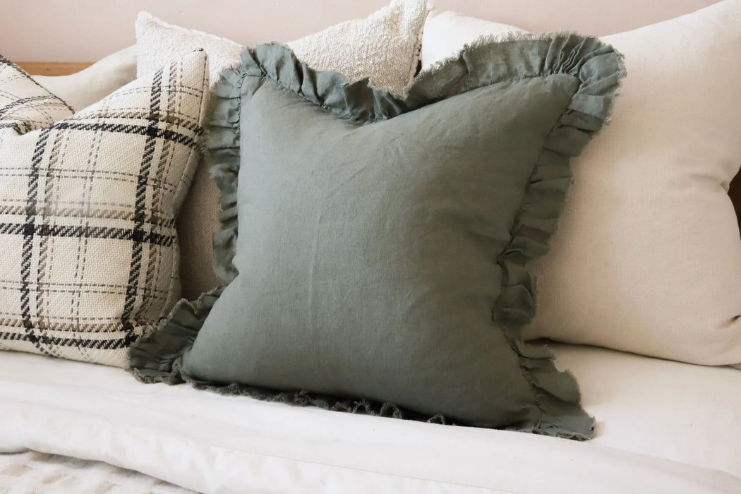 Hallie Khaki Ruffled Linen Cushion - 53x53cm