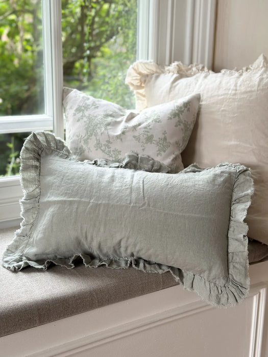 Hallie Sage Green Linen Ruffle Cushion - 50x30cm