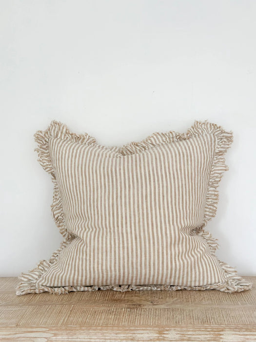 Hallie Light Brown Stripe Ruffle Linen Cushion - 53x53cm