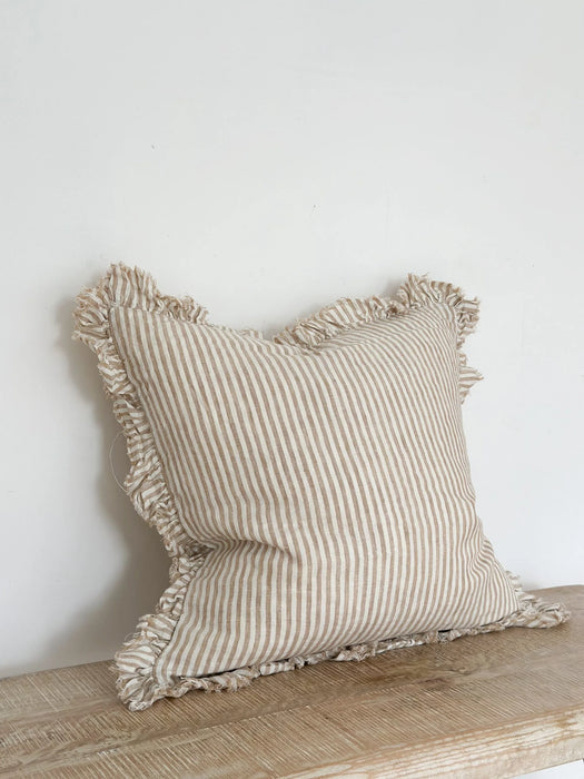 Hallie Light Brown Stripe Ruffle Linen Cushion - 53x53cm