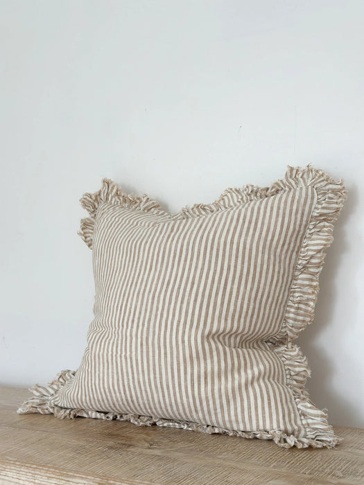 Hallie Light Brown Stripe Ruffle Linen Cushion - 53x53cm