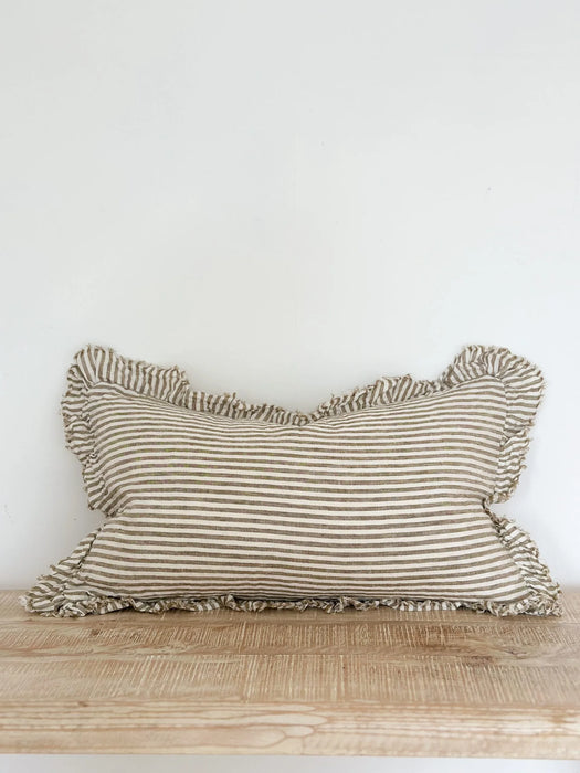 Hallie Olive Green Stripe Ruffle Cushion - 50x30cm