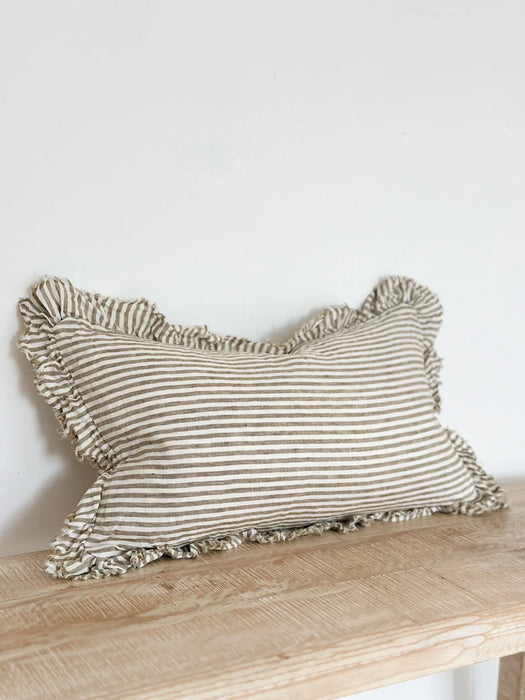 Hallie Olive Green Stripe Ruffle Cushion - 50x30cm