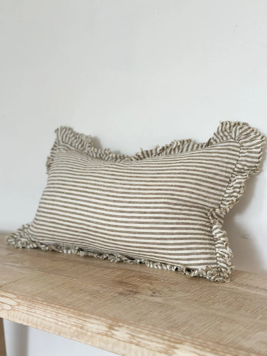 Hallie Olive Green Stripe Ruffle Cushion - 50x30cm