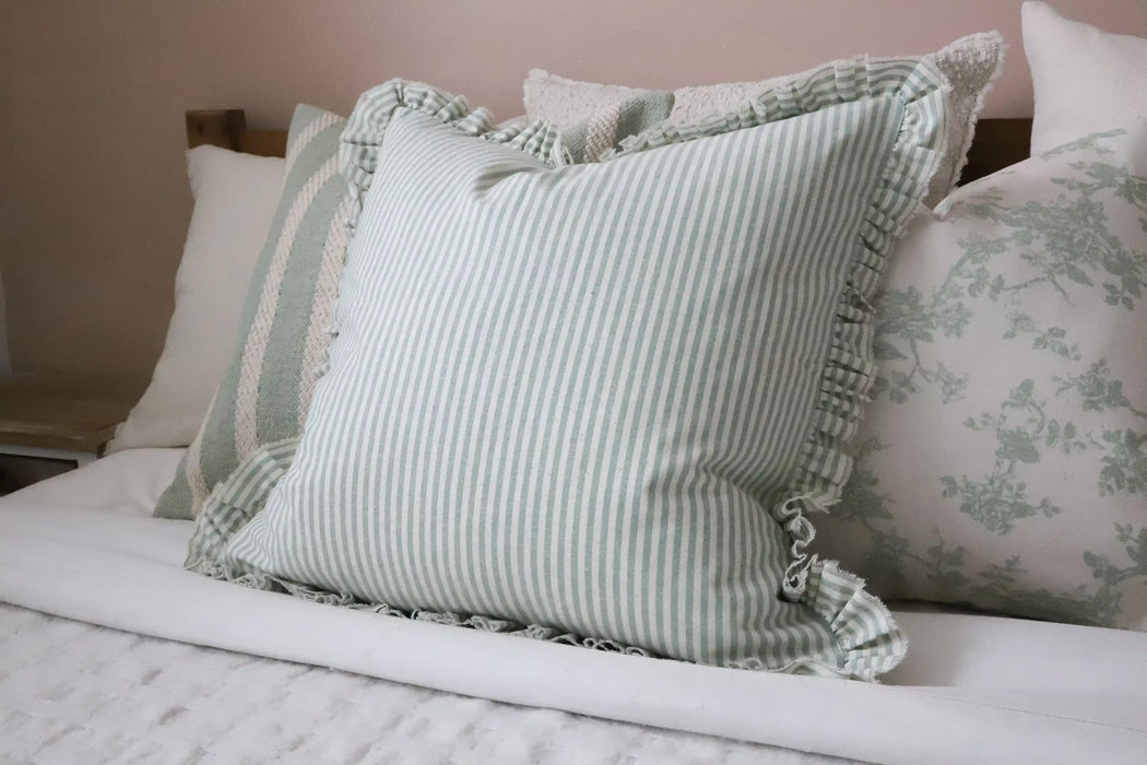 Darcy Sage Stripe Ruffle Cushion 45x45cm