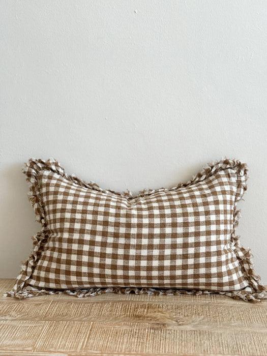 Hallie Brown Gingham Linen Ruffle Cushion - 50x30cm