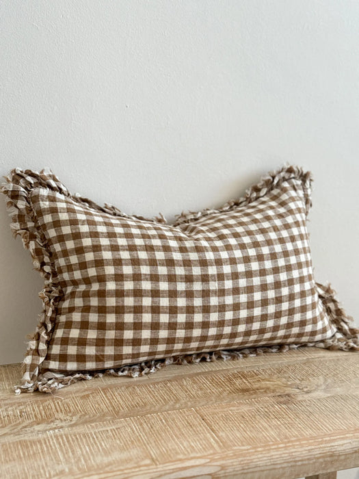 Hallie Brown Gingham Linen Ruffle Cushion - 50x30cm