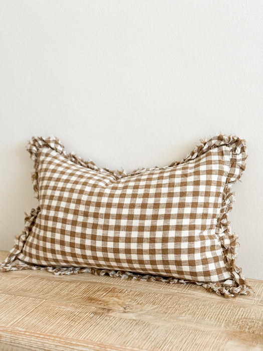 Hallie Brown Gingham Linen Ruffle Cushion - 50x30cm