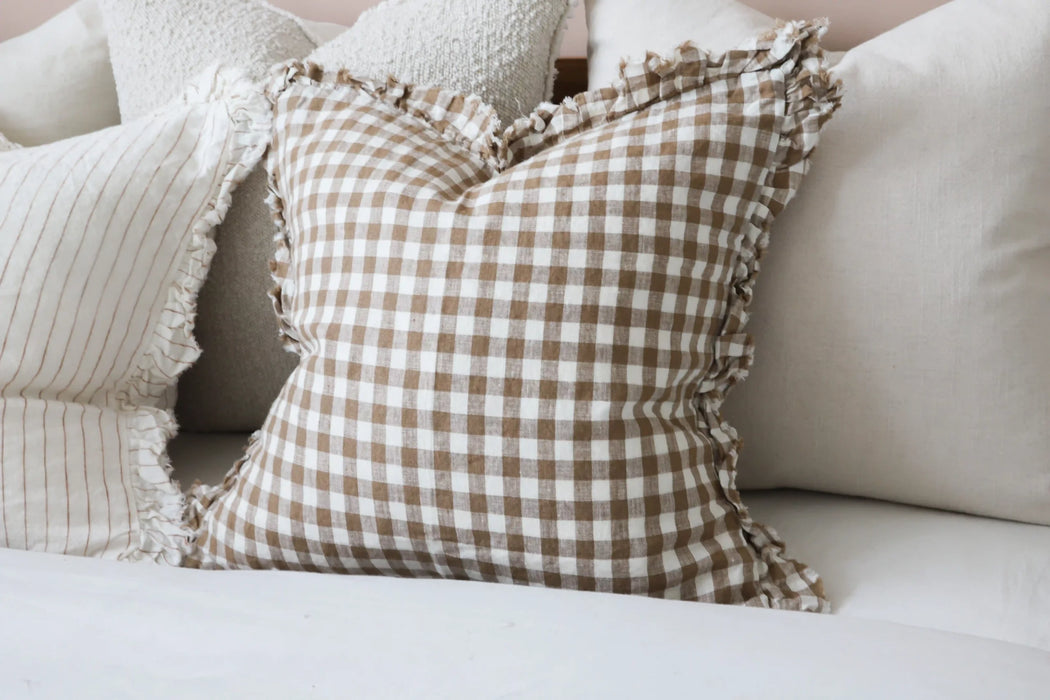 Hallie Brown Gingham Ruffle Linen Cushion - 45x45cm