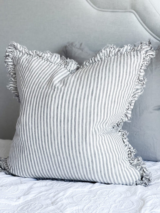 Hallie Grey Stripe Ruffle Linen Cushion - 53x53cm