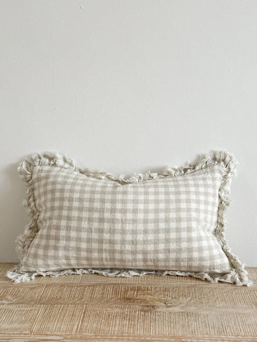 Hallie Natural Gingham Linen Ruffle Cushion - 50x30cm