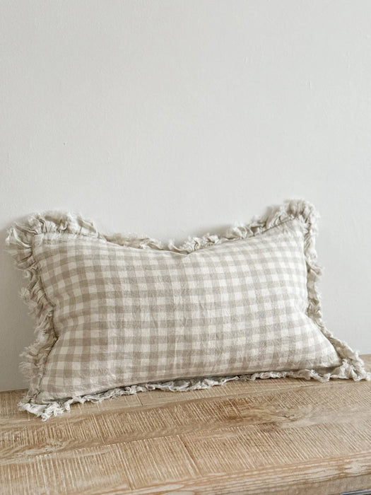 Hallie Natural Gingham Linen Ruffle Cushion - 50x30cm