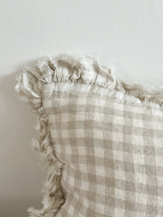 Hallie Natural Gingham Linen Ruffle Cushion - 50x30cm