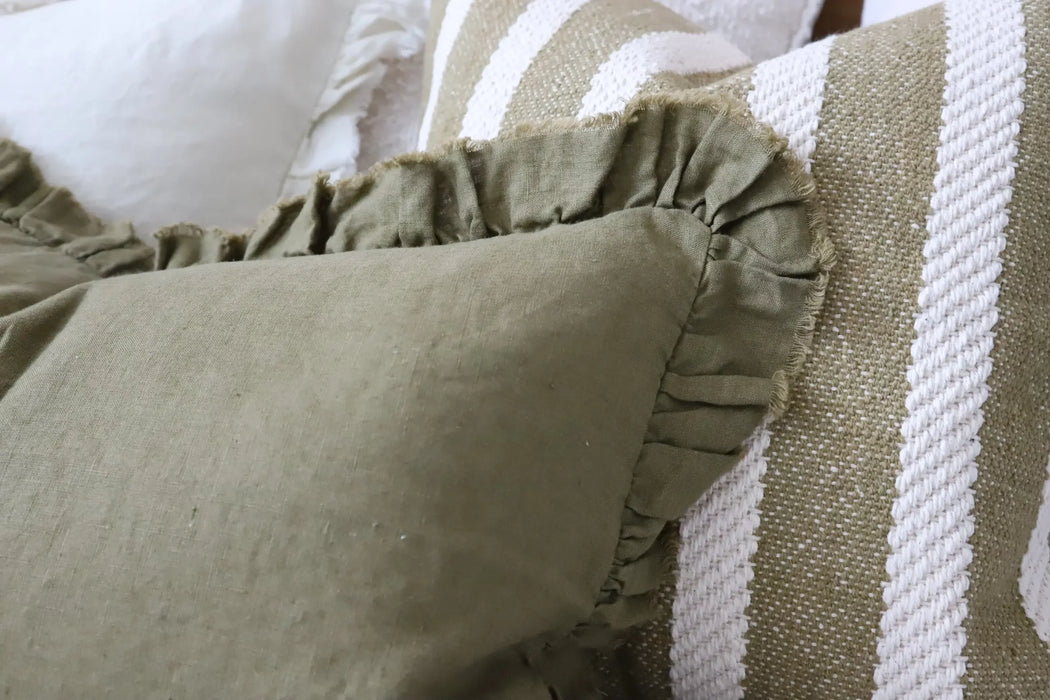 Hallie Olive Ruffle Linen Cushion - 50x30cm