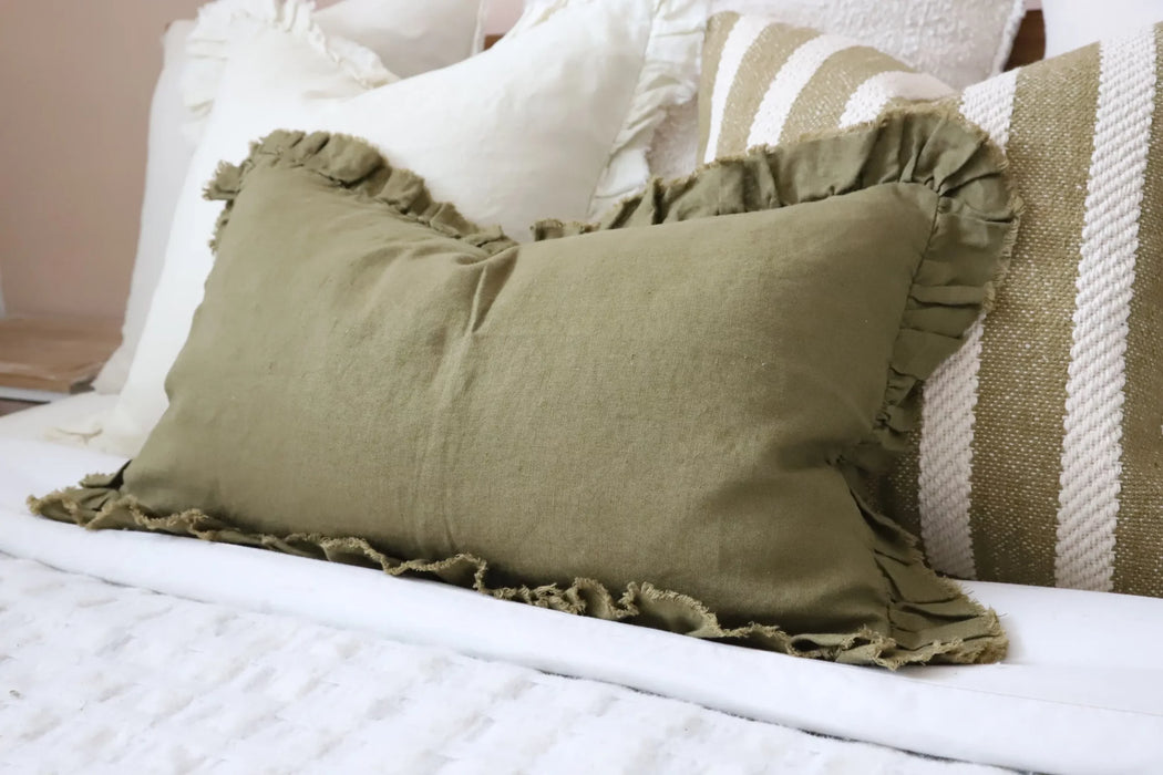 Hallie Olive Ruffle Linen Cushion - 50x30cm