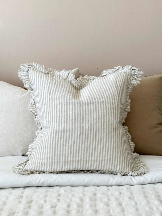 Hallie Natural Stripe Ruffle Linen Cushion - 53x53cm