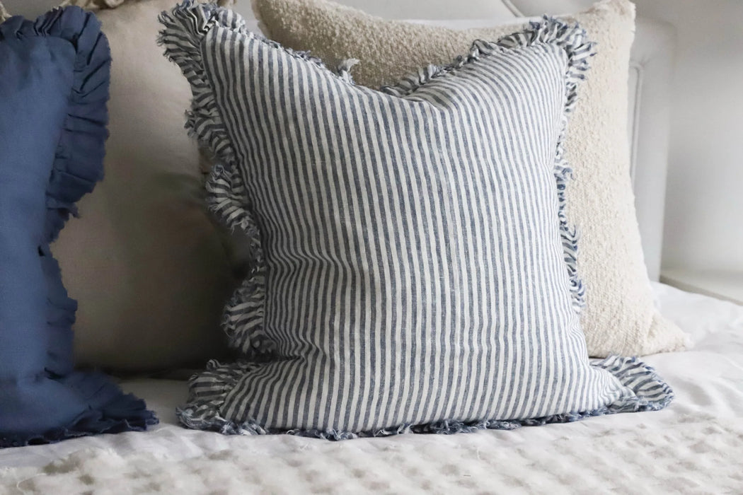 Hallie Navy Stripe Ruffle Linen Cushion - 53x53cm