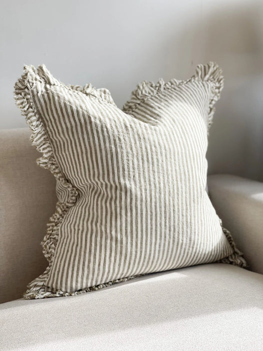 Hallie Olive Stripe Ruffle Linen Cushion - 53x53cm