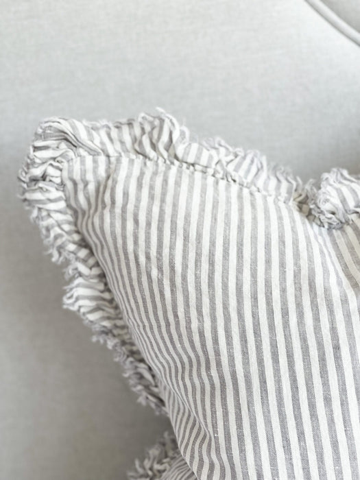 Hallie Grey Stripe Ruffle Linen Cushion - 53x53cm