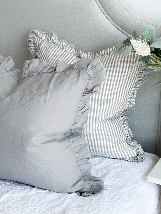 Hallie Grey Stripe Ruffle Linen Cushion - 53x53cm