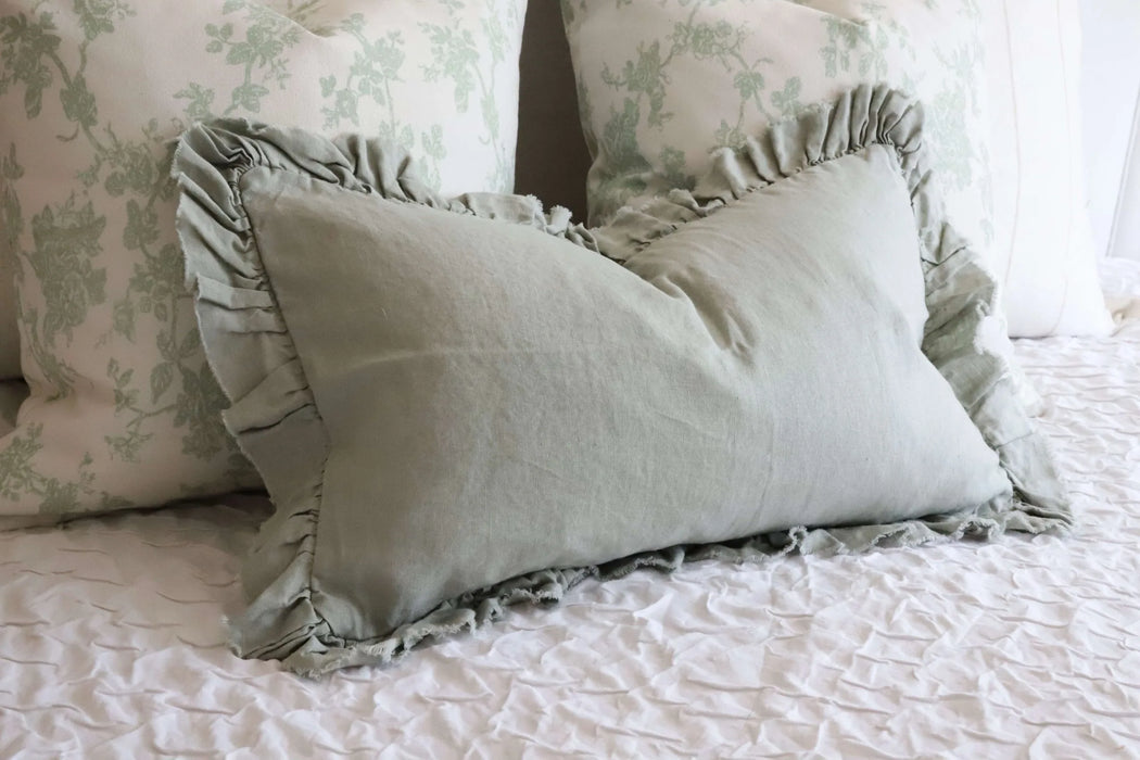 Hallie Sage Green Linen Ruffle Cushion - 50x30cm